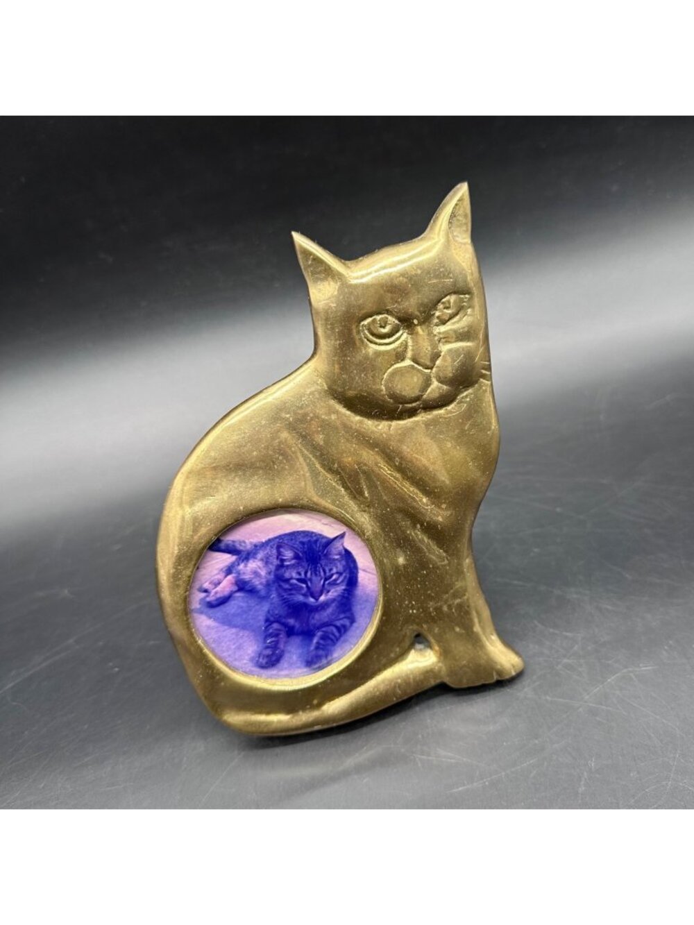 Vintage Brass Cat Picture Frame Gold Kitchen Photo Holder Stand Up Retro Decor